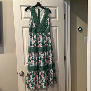 Long green and pink flowered dress